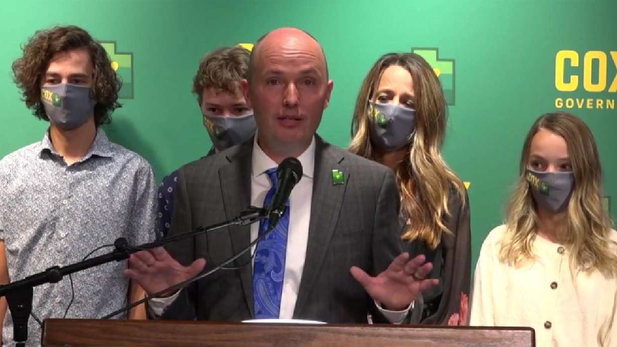 Gov.-elect Spencer Cox gives his acceptance speech on Tuesday, Nov. 3, 2020, on Facebook with his family behind him.