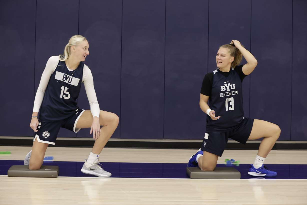 BYU's Paisley Johnson-Harding and Malli Perri during the first day of practice for the BYU women's basketball team for the 2020-21 season in Provo. (Courtesy: BYU Photo)