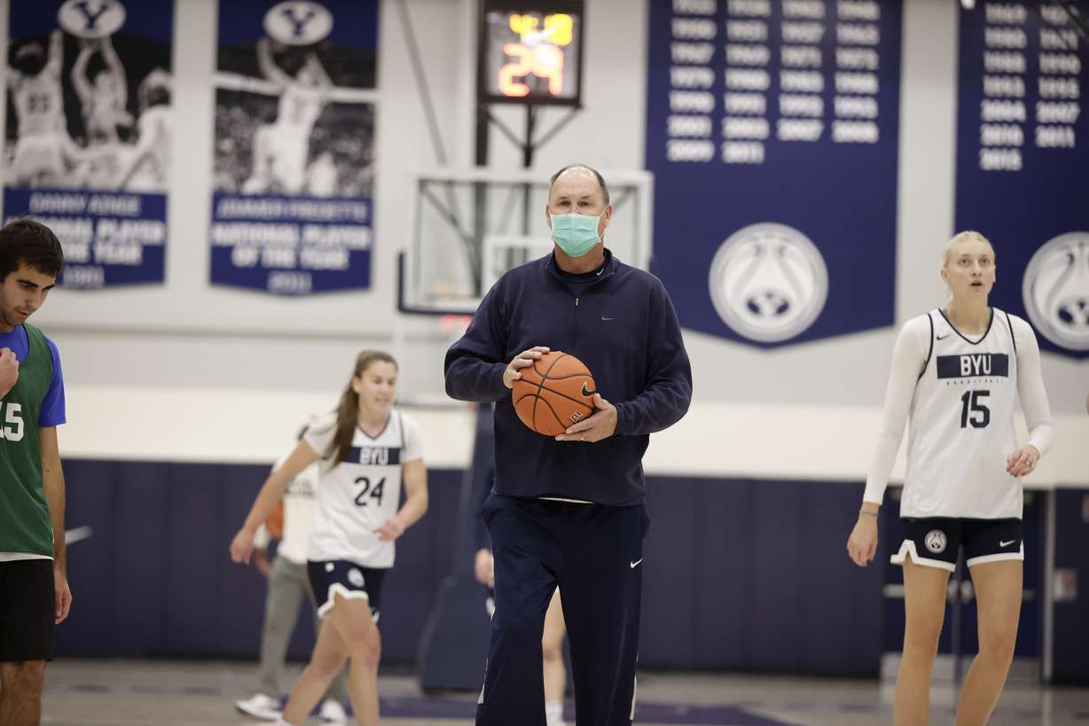 BYU coach Jeff Judkins during the first day of practice for the BYU women's basketball team for the 2020-21 season in Provo.