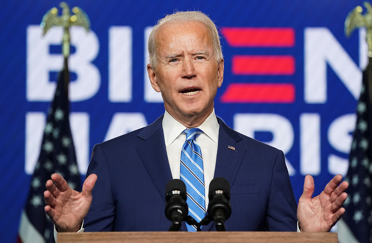 Democratic U.S. presidential nominee Joe Biden speaks about the 2020 U.S. presidential election results during an appearance in Wilmington, Delaware, U.S., November 4, 2020.