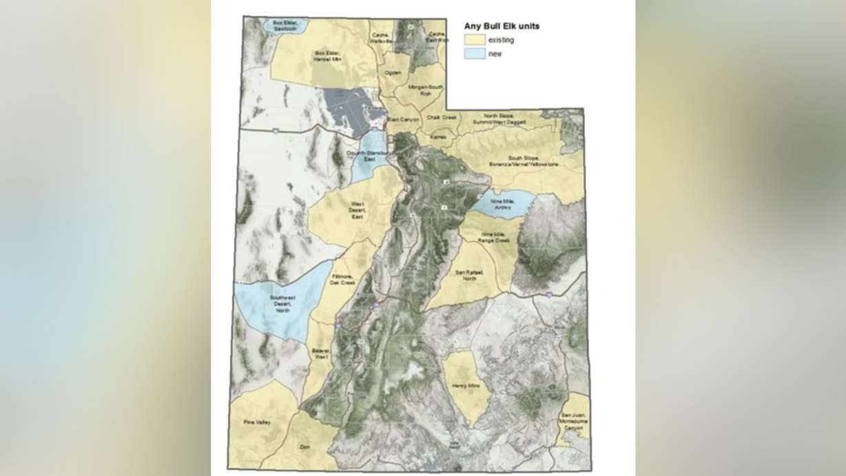 A map of current and proposed any-bull elk hunt locations in Utah. The four areas marked in blue would be new in 2021.