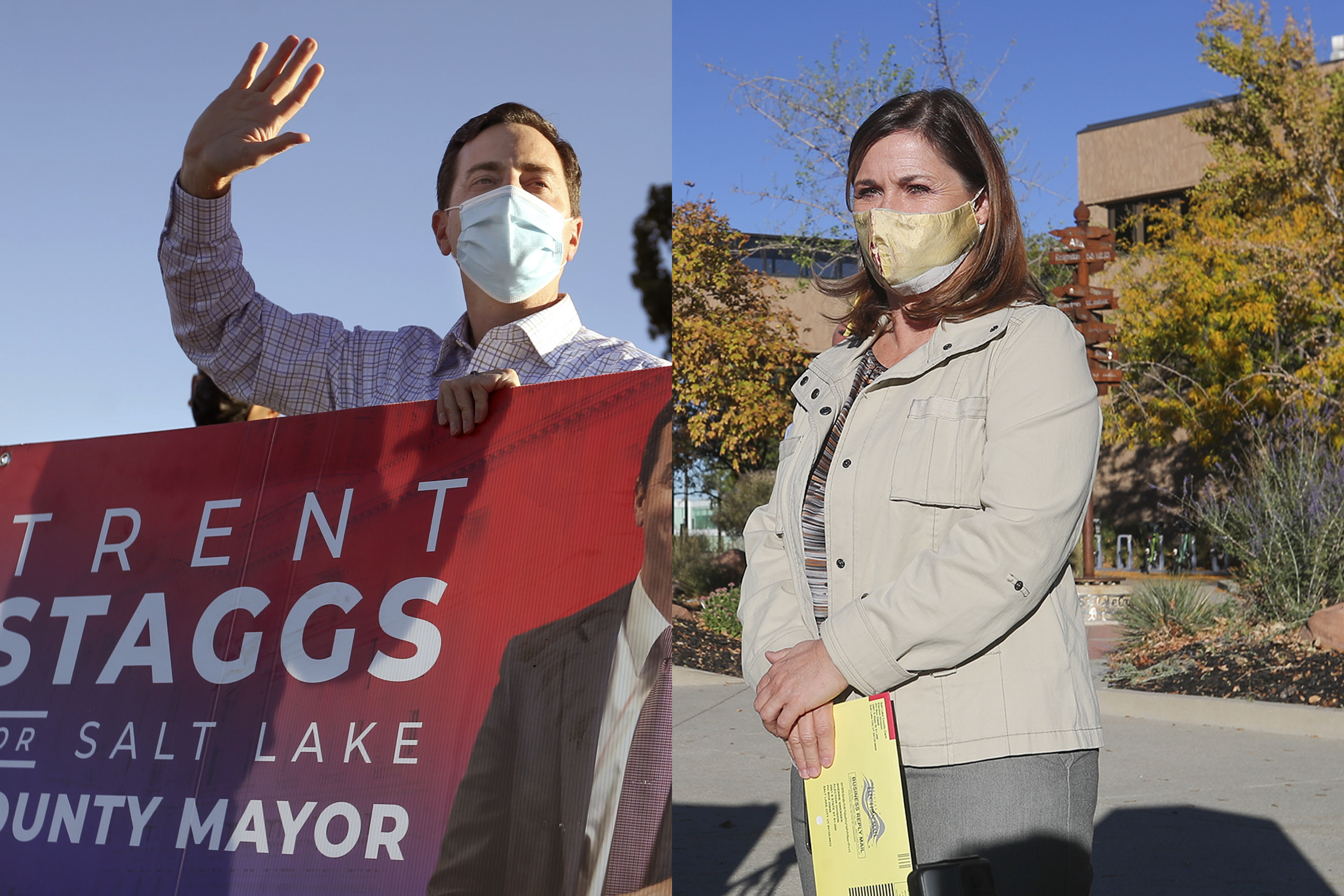 In this composite image, Republican candidate for Salt Lake County Mayor Trent Staggs, left, who is the current mayor of Riverton, waves at passersby in Taylorsville on Friday, Oct. 16, 2020. At right, Salt Lake County Mayor Jenny Wilson, a Democrat, makes a short speech before placing her ballots into an official ballot drop box at the county offices in Salt Lake City on Friday, Oct. 16, 2020.