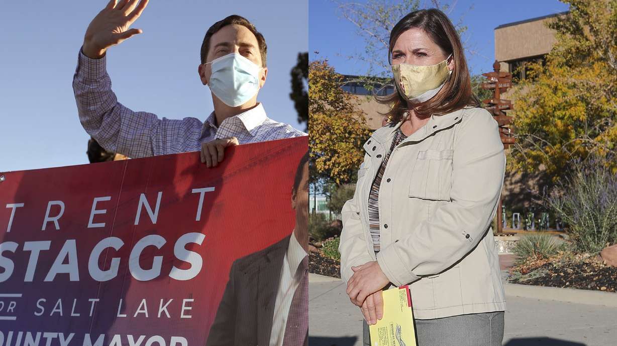 In this composite image, Republican candidate for Salt Lake County Mayor Trent Staggs, left, who is the current mayor of Riverton, waves at passersby in Taylorsville on Friday, Oct. 16, 2020. At right, Salt Lake County Mayor Jenny Wilson, a Democrat, makes a short speech before placing her ballots into an official ballot drop box at the county offices in Salt Lake City on Friday, Oct. 16, 2020.