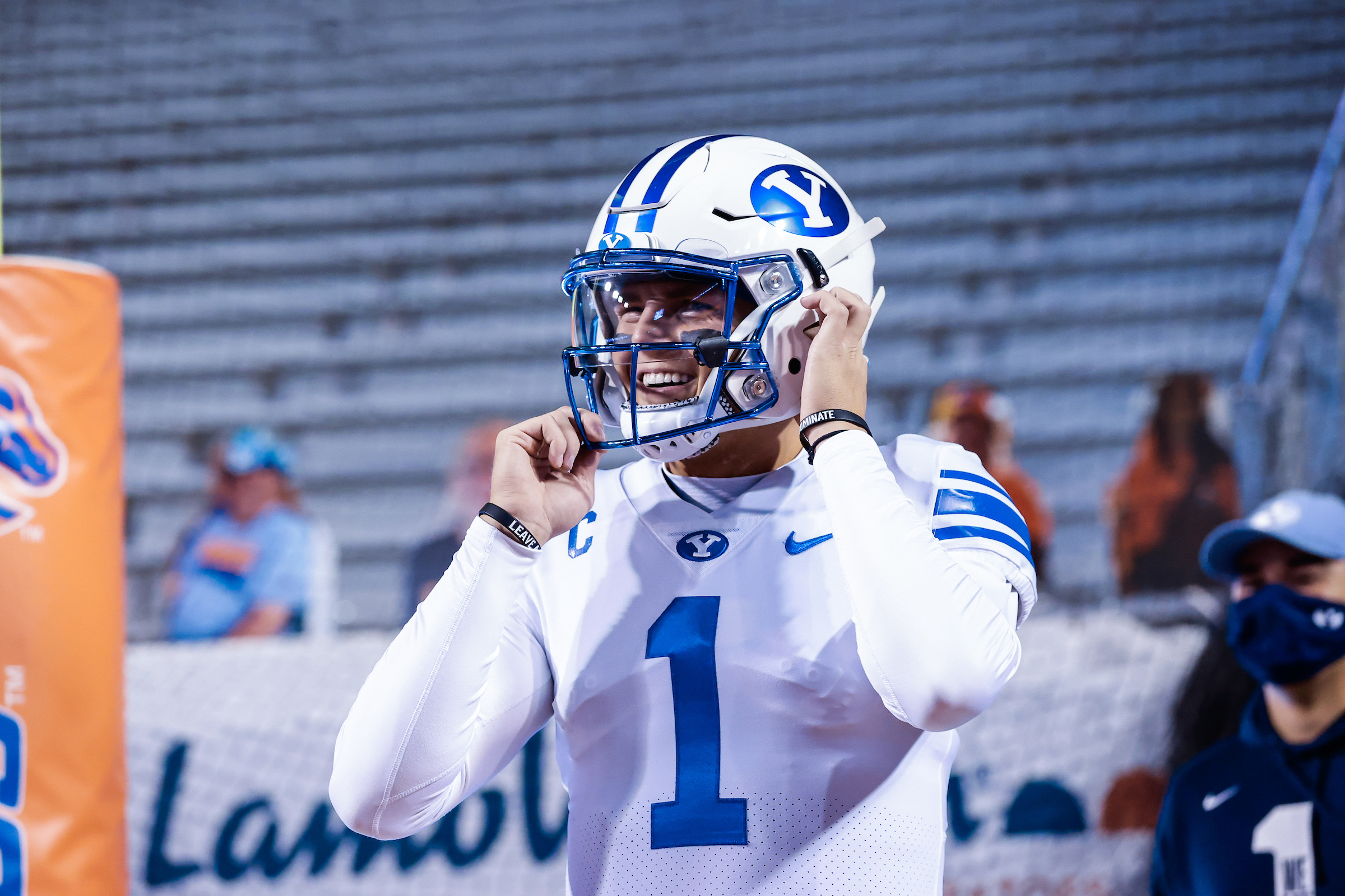 (#1) Quarterback Zach Wilson warmed up in the Albertsons stadium, pregame. BYU played Boise State at the Albertsons Stadium in Boise, Idaho on November 6, 2020.

2020 BYU Football at Boise State

11/06/20

Photography by Jaren Wilkey

Â© BYU PHOTO 2020
All Rights Reserved
photo@byu.edu (801) 422-7322