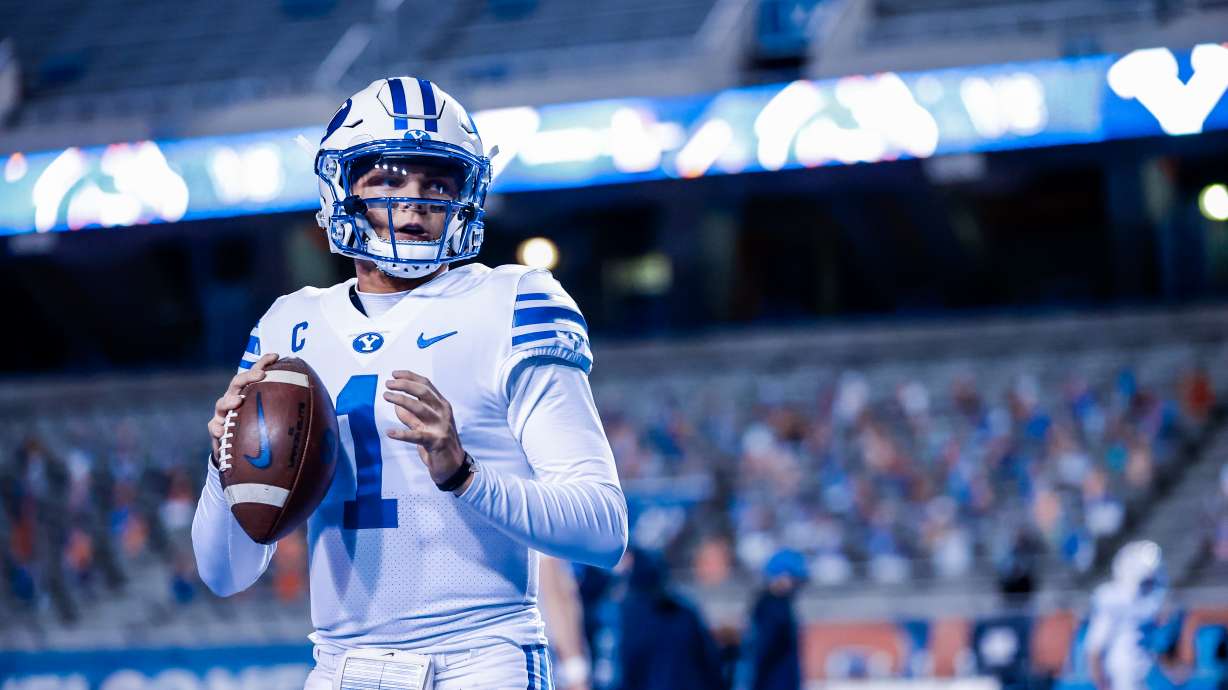 (#1) Quarterback Zach Wilson warmed up in the Albertsons stadium, pregame. BYU played Boise State at the Albertsons Stadium in Boise, Idaho on November 6, 2020.
2020 BYU Football at Boise State
11/06/20
Photography by Jaren Wilkey
© BYU PHOTO 2020
All Rights Reserved
photo@byu.edu (801) 422-7322