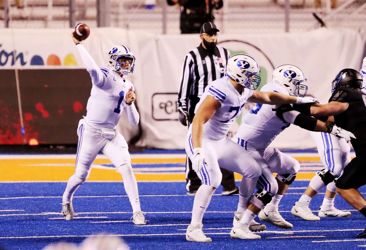 BYU quarterback Zach Wilson looks to pass against Boise State, Friday, Nov. 6, 2020 at Albertsons Stadium in Boise, Idaho.
