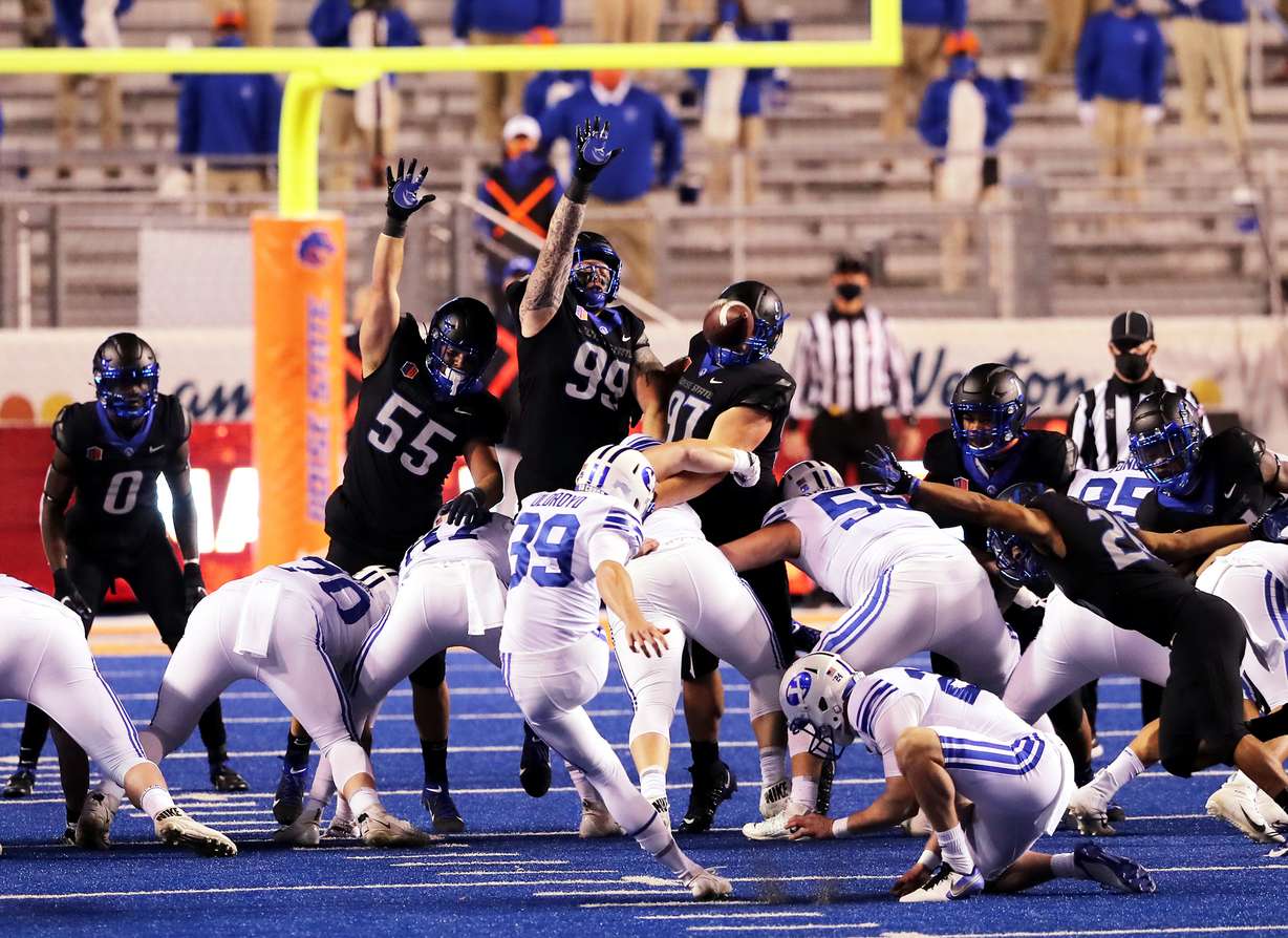 BYU kicker Jake Oldroyd hits a 47-yard field goal against Boise State, Friday, Nov. 6, 2020 at Albertsons Stadium in Boise, Idaho.