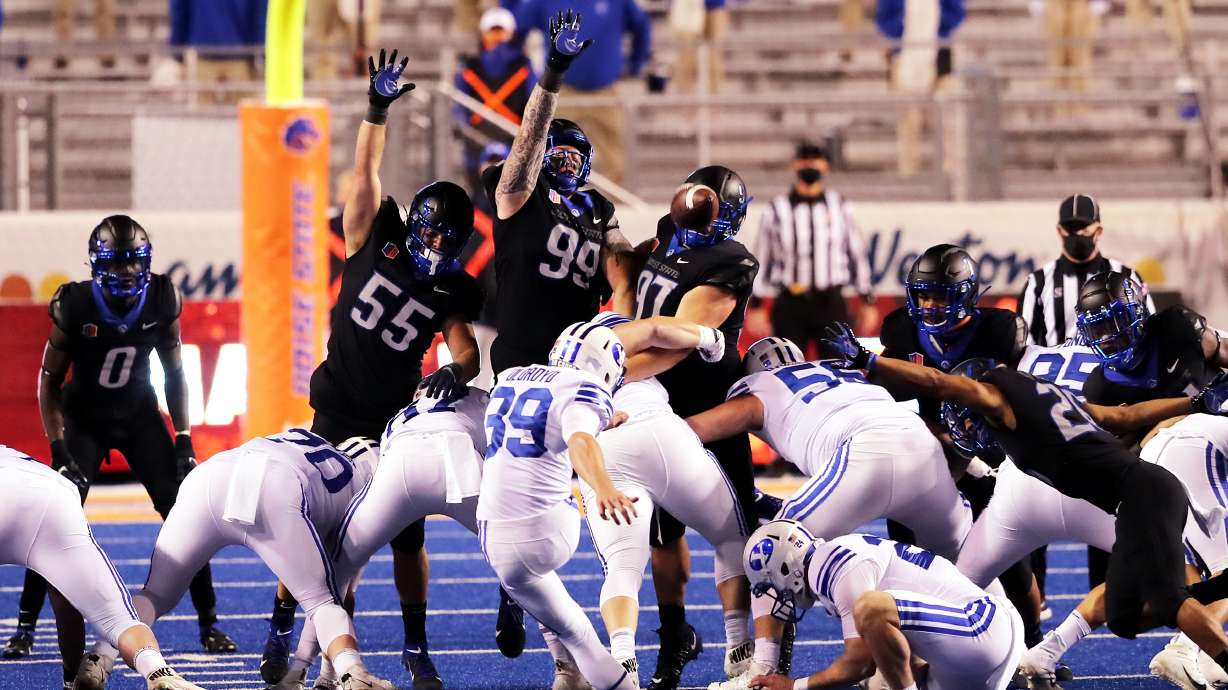 BYU kicker Jake Oldroyd hits a 47-yard field goal against Boise State, Friday, Nov. 6, 2020 at Albertsons Stadium in Boise, Idaho.