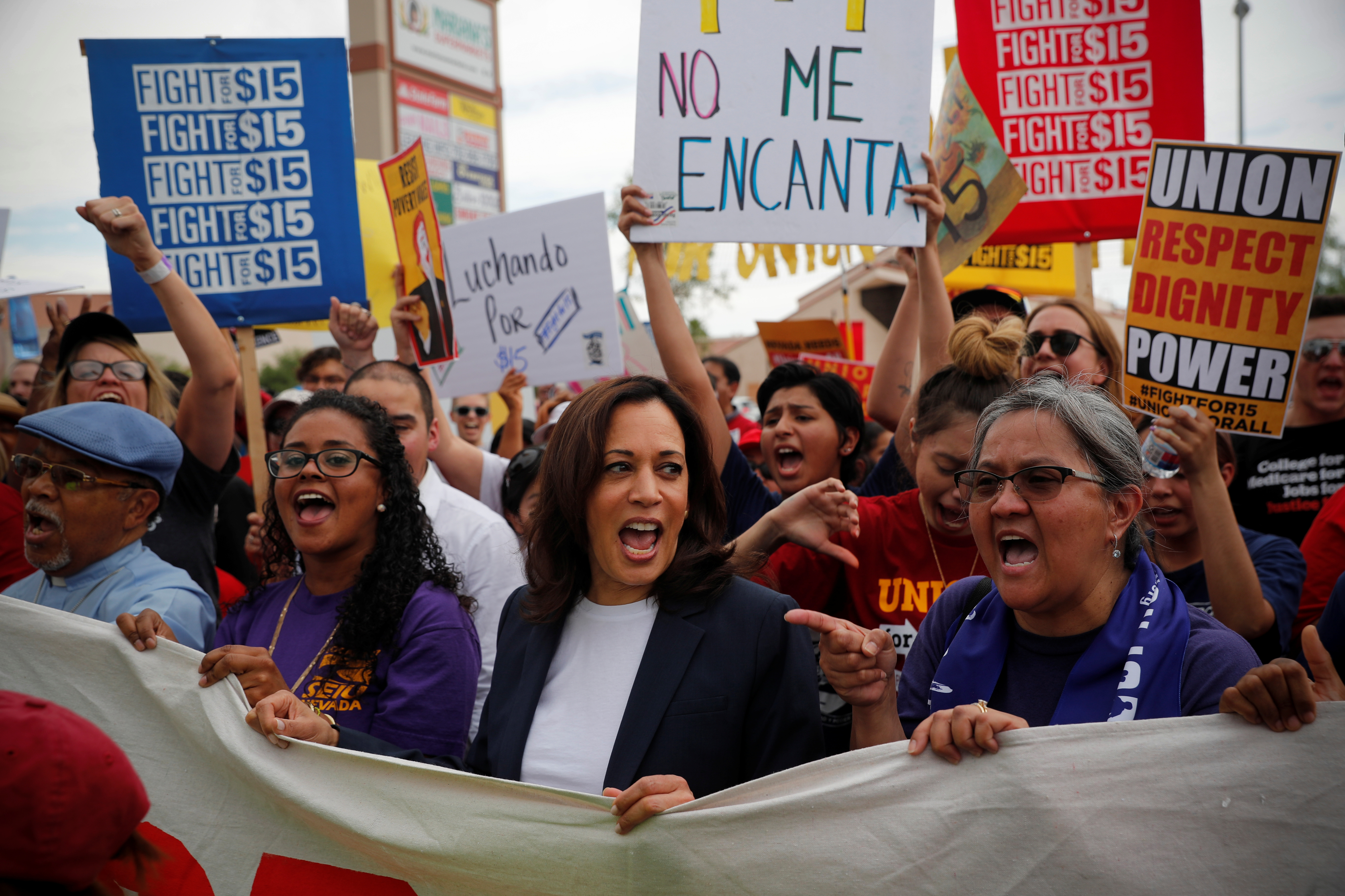 U.S. Democratic presidential candidate and U.S. Senator Kamala Harris (D-CA), joins a demonstration with striking McDonalds workers demanding a $15 minimum wage in Las Vegas, Nevada U.S., June 14, 2019.