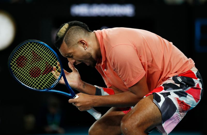 FILE PHOTO: Tennis - Australian Open - Fourth Round - Melbourne Park, Melbourne, Australia - January 27, 2020. Australia's Nick Kyrgios reacts during his match against Spain's Rafael Nadal. REUTERS/Edgar Su