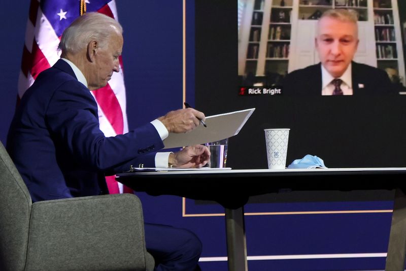 U.S. President-elect Joe Biden listens as he meets with members of his coronavirus disease "Transition COVID-19 Advisory Board" including Trump administration whistleblower Rick Bright, former director of the Biomedical Advanced Research and Development Authority in Wilmington, Delaware, U.S., November 9, 2020.