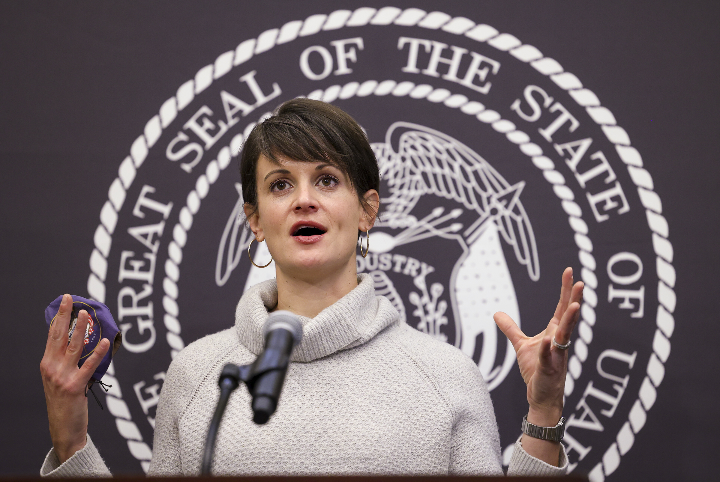 State epidemiologist Dr. Angela Dunn clarifies the state’s mask mandate and other orders during a press conference at the Capitol in Salt Lake City on Monday, Nov. 9, 2020.
