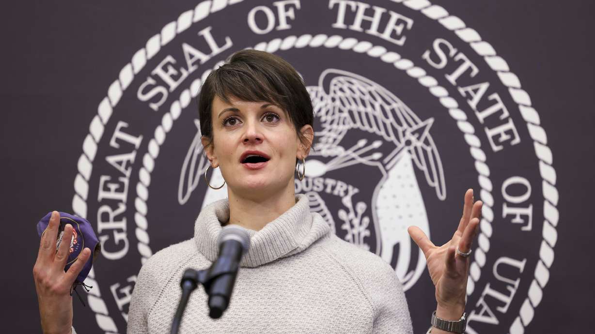 State epidemiologist Dr. Angela Dunn clarifies the state’s mask mandate and other orders during a press conference at the Capitol in Salt Lake City on Monday, Nov. 9, 2020.