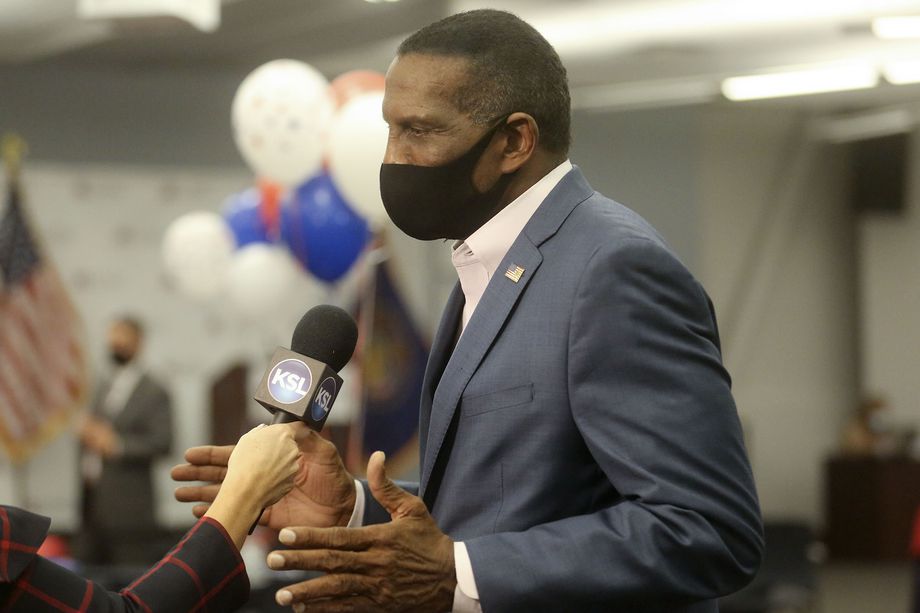 Fourth Congressional District candidate Burgess Owens, who is running against Rep. Ben McAdams, D-Utah, does an interview at a Republican election night event at the Utah Association of Realtors building in Sandy on Tuesday, Nov. 3, 2020.