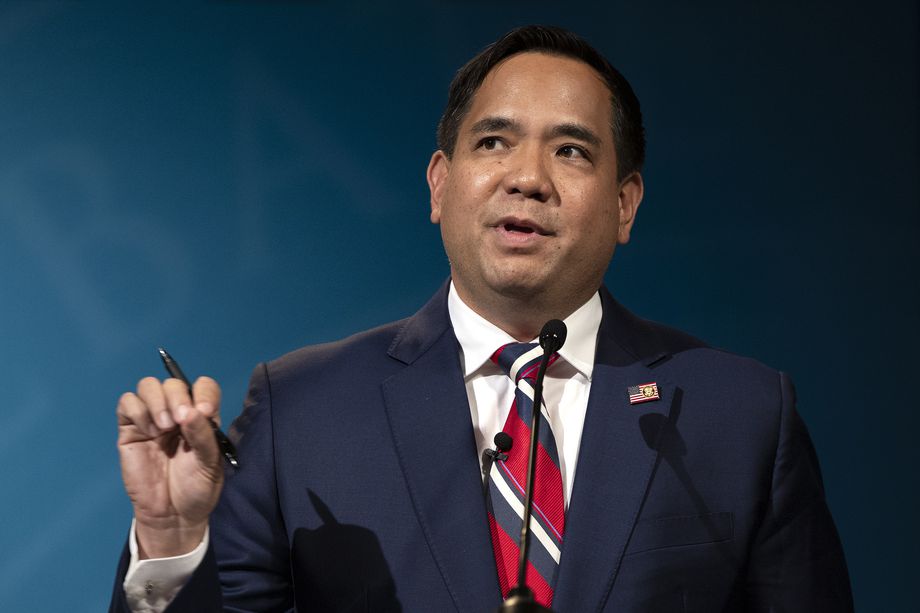 Utah Attorney General Sean Reyes, a Republican, answers a question as he debates defense attorney Greg Skordas, a Democrat, in Salt Lake City on Oct. 21, 2020. Reyes, along with 20 other Republican state attorneys general, sent a letter to the president criticizing his COVID-19 vaccine mandate.