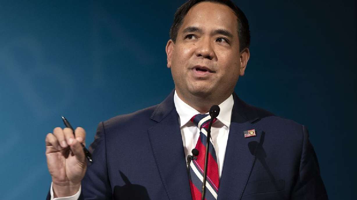 Utah Attorney General Sean Reyes, a Republican, answers a question as he debates defense attorney Greg Skordas, a Democrat, in the KSL studios in Salt Lake City on Wednesday, Oct. 21, 2020.