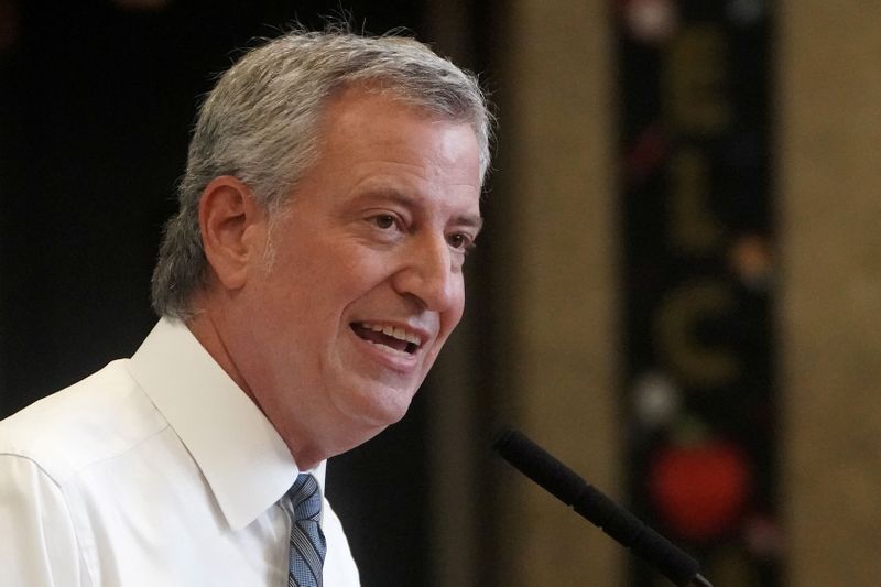 FILE PHOTO: New York City Mayor Bill de Blasio speaks at a news conference  in Brooklyn in New York City, New York, U.S., September 2, 2020.  REUTERS/Carlo Allegri/Pool/File Photo