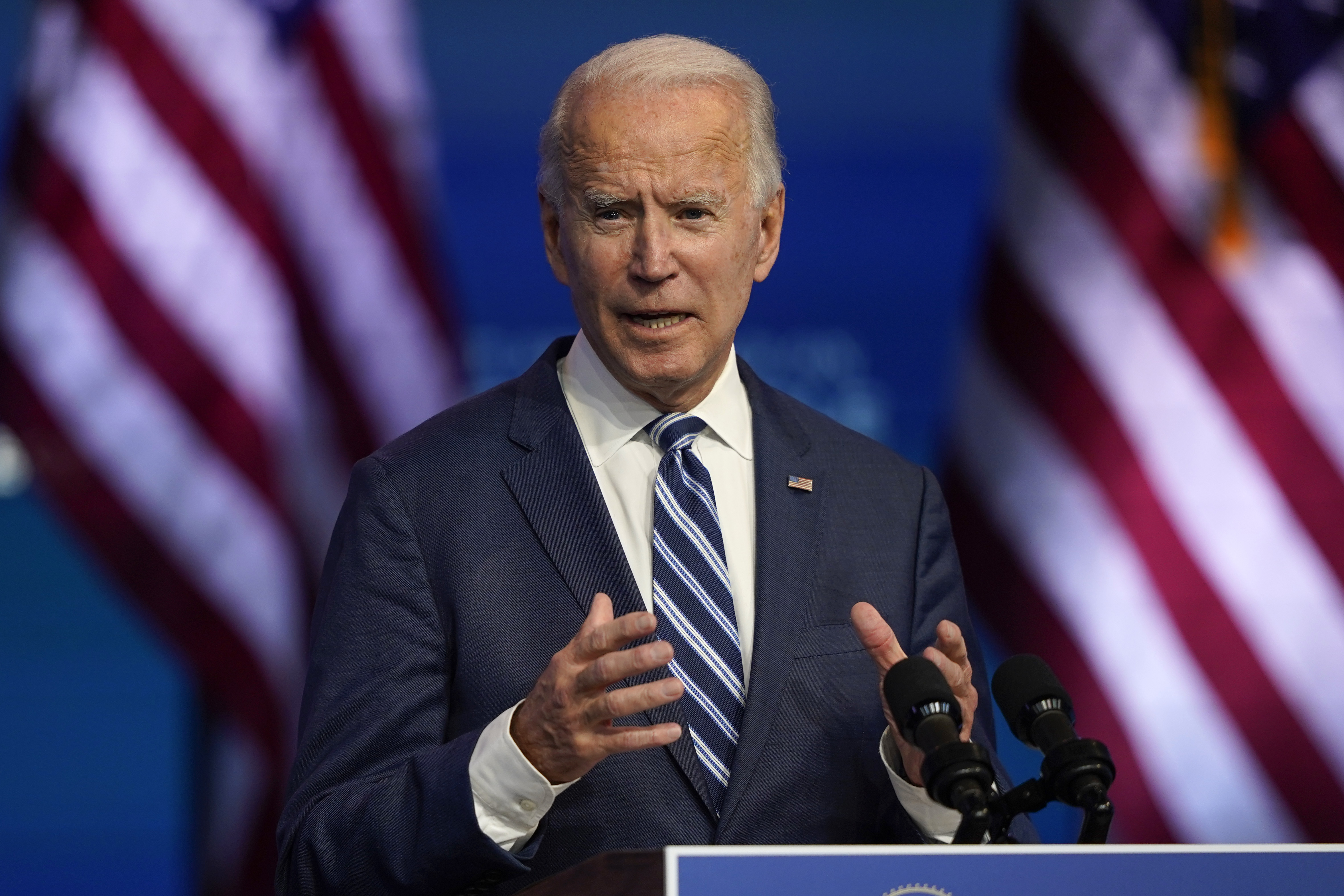 President-elect Joe Biden speaks Tuesday, Nov. 10, 2020, at The Queen theater in Wilmington, Del. (AP Photo/Carolyn Kaster) [Nov-10-2020]