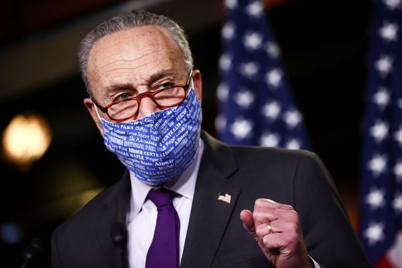 U.S. Senate Democratic Leader Chuck Schumer (D-NY) speaks to reporters about the 2020 U.S. presidential election results and the continuing coronavirus disease (COVID-19) pandemic during a news conference at the U.S. Capitol in Washington, U.S., November 12, 2020.