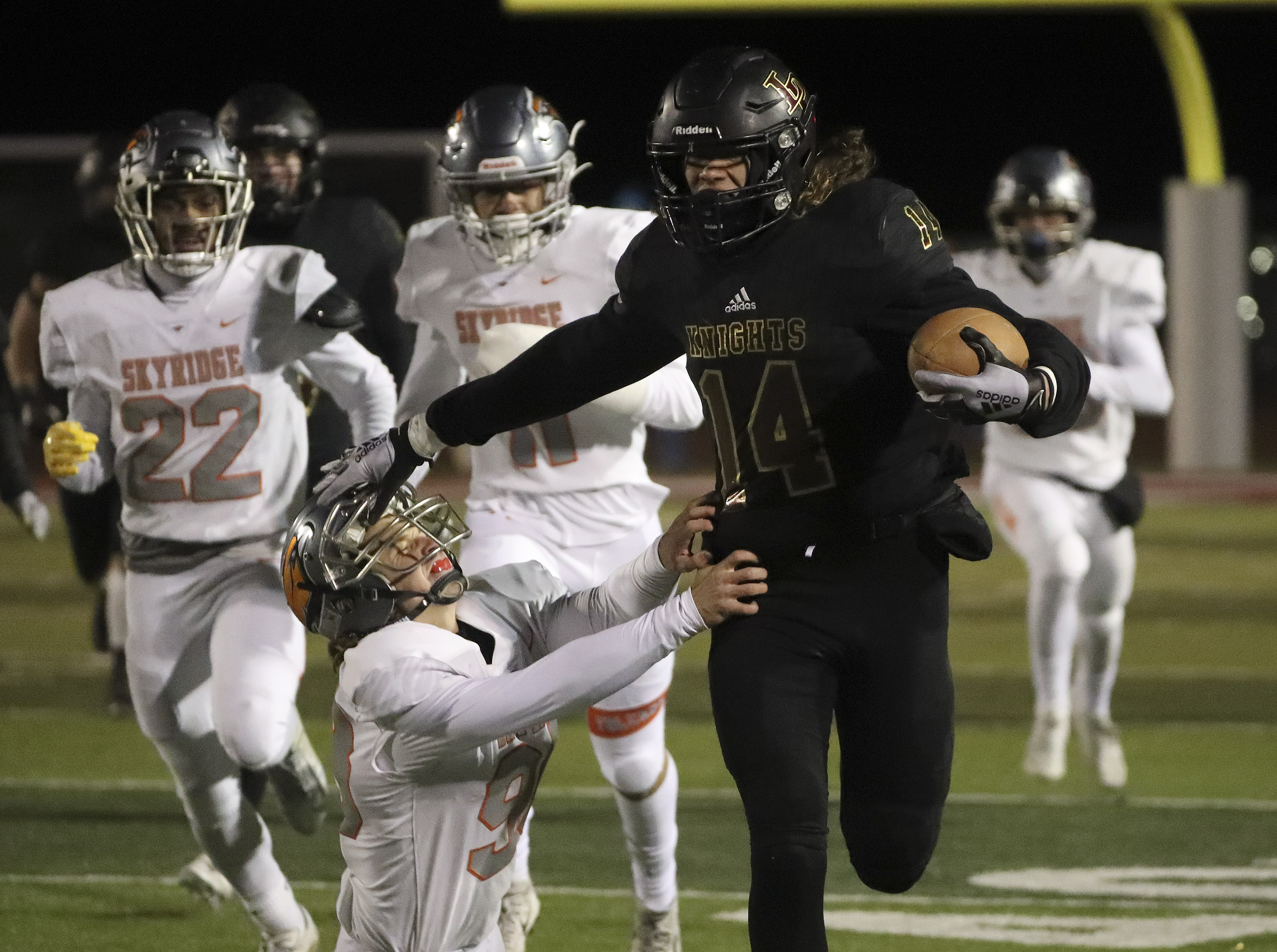 Skyridge and Lone Peak compete in a 6A semifinal football game in Eagle Mountain on Thursday, Nov. 12, 2020.
