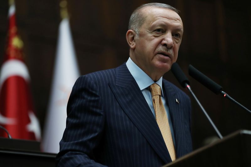 FILE PHOTO: Turkish President Tayyip Erdogan addresses members of his ruling AK Party (AKP) during a meeting at the Parliament in Ankara, Turkey, October 28, 2020. Murat Cetinmuhurdar/Presidential Press Office/Handout via REUTERS
