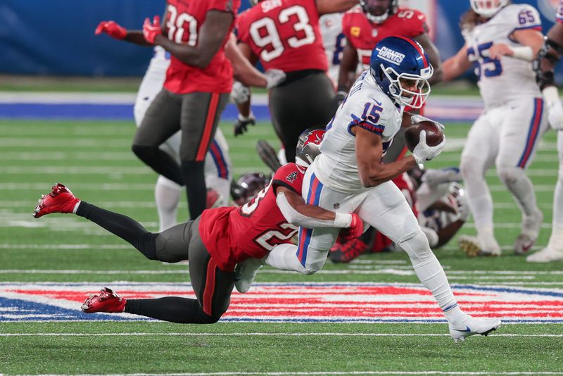 FILE PHOTO: Nov 2, 2020; East Rutherford, New Jersey, USA; New York Giants wide receiver Golden Tate (15) is tackled by Tampa Bay Buccaneers cornerback Sean Murphy-Bunting (23) during the second half at MetLife Stadium. Mandatory Credit: Vincent Carchietta-USA TODAY Sports