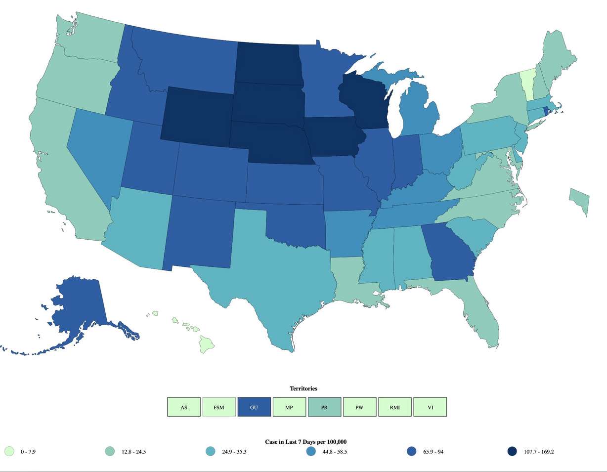 A map showing COVID-19 cases per capita over the past seven days in the U.S. as of 1 p.m. Friday, Nov. 13, 2020. The darker blue indicates more cases while lighter green means fewer cases.