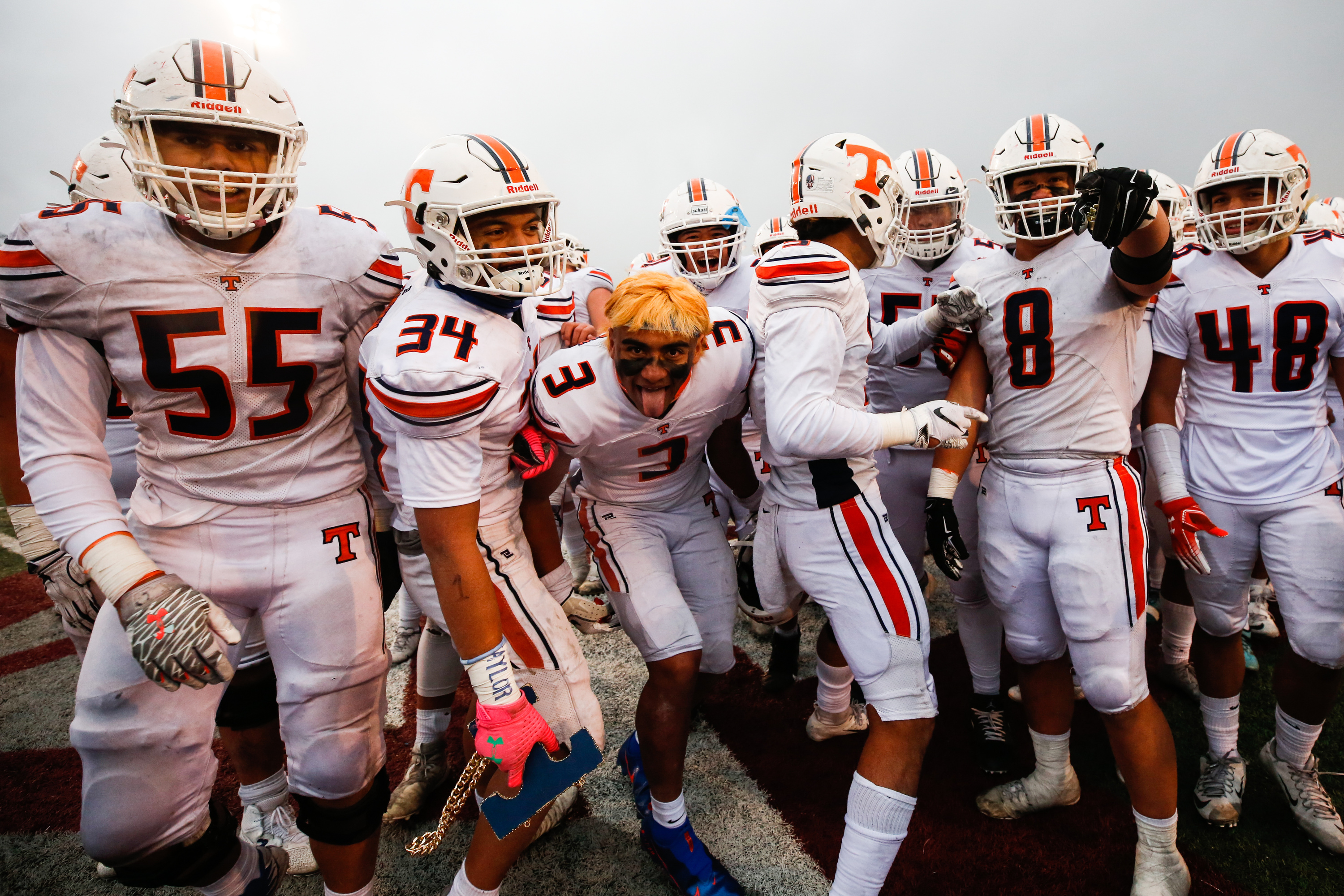 Timpview players celebrate after winning a 5A football state semifinal game 38-0 over Salem Hills at Cedar Valley High School in Eagle Mountain on Friday, Nov. 13, 2020.