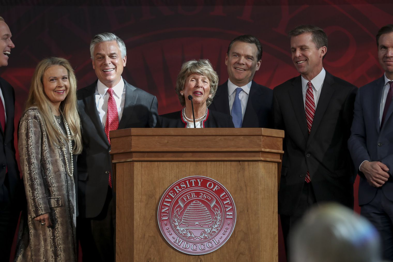 Karen Huntsman, center, is surrounded by family members during a press conference at the University of Utah’s Park Building in Salt Lake City on Nov. 4, 2019, where the Huntsman family announced a $150 million commitment to establish the Huntsman Mental Health Institute at the U. A new CEO of the Huntsman Mental Health Institute was announced on Monday.