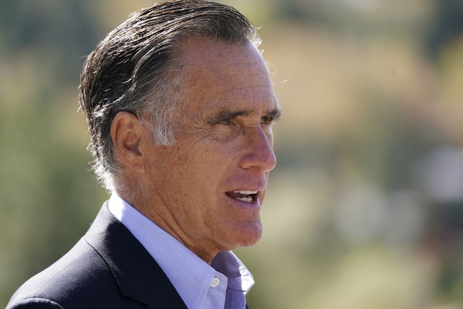 Sen. Mitt Romney, R-Utah, speaks during a news conference on Oct. 15, 2020, near Neffs Canyon, in Salt Lake City.