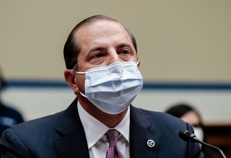 FILE PHOTO: U.S. Secretary of Health and Human Services Alex Azar testifies to the House Select Subcommittee on the coronavirus disease (COVID-19) crisis, on Capitol Hill in Washington, U.S., October 2, 2020. Michael A. McCoy/Pool via REUTERS