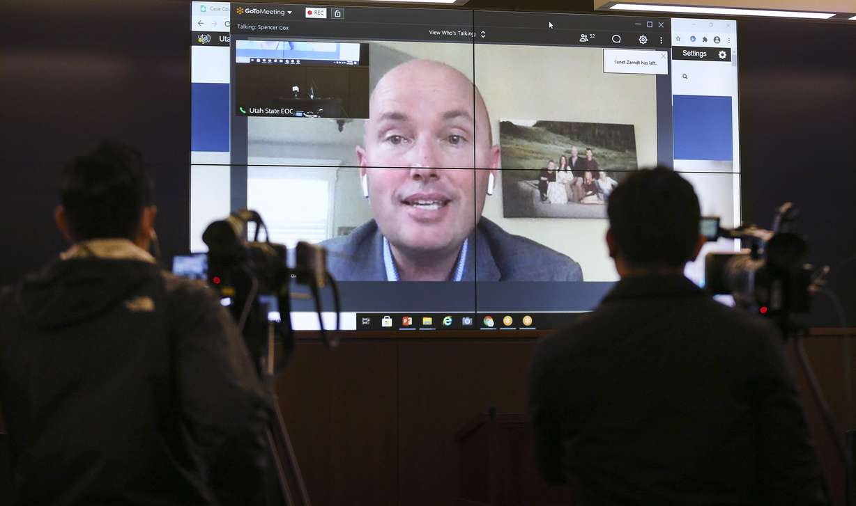 Lt. Gov. Spencer Cox speaks via Zoom as state officials hold a background briefing on COVID-19 vaccine distribution at the Capitol Emergency Operations Center in the state Capitol in Salt Lake City on Wednesday, Nov. 18, 2020.