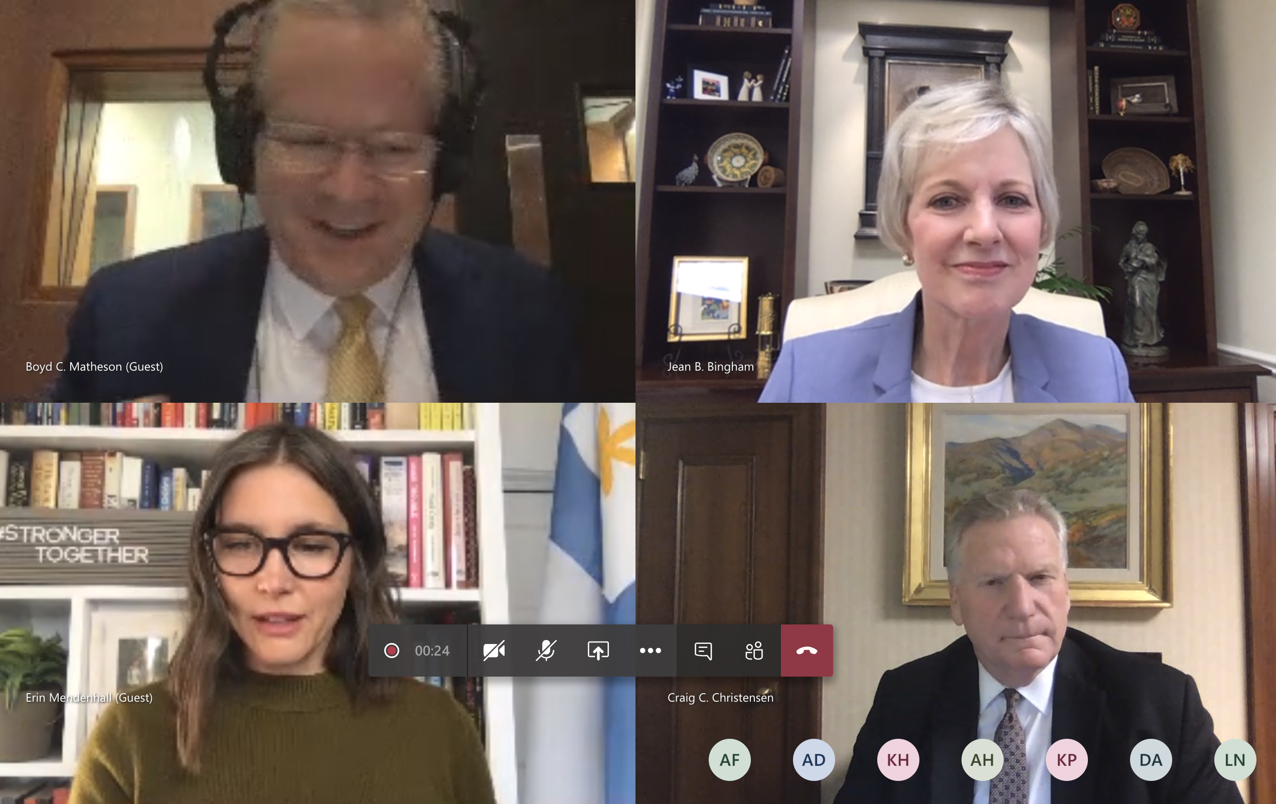 Boyd Matheson, opinion editor for the Deseret News, President Jean B. Bingham, Relief Society general president of The Church of Jesus Christ of Latter-day Saints, Elder Craig C. Christensen, General Authority Seventy of the Church of Jesus Christ, and Salt Lake City Mayor Erin Mendenhall, clockwise from top left, hold an online meeting to discuss COVID-19 and Thanksgiving on Thursday, Nov. 19, 2020.