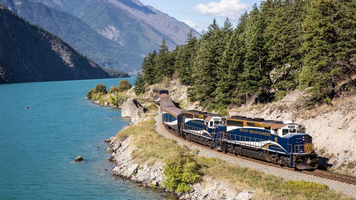 Exterior of Rocky Mountaineer train near Seton Lake along Rainforest to Goldrush route.