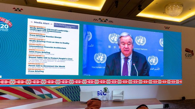 United Nation Secretary General, Antonio Guterres, conducts virtual press briefing from his office in New York ahead of the annual G20 Summit World Leaders to take place in Riyadh, Saudi Arabia, November 20, 2020. The Saudi G20 Presidency Media/Handout via REUTERS