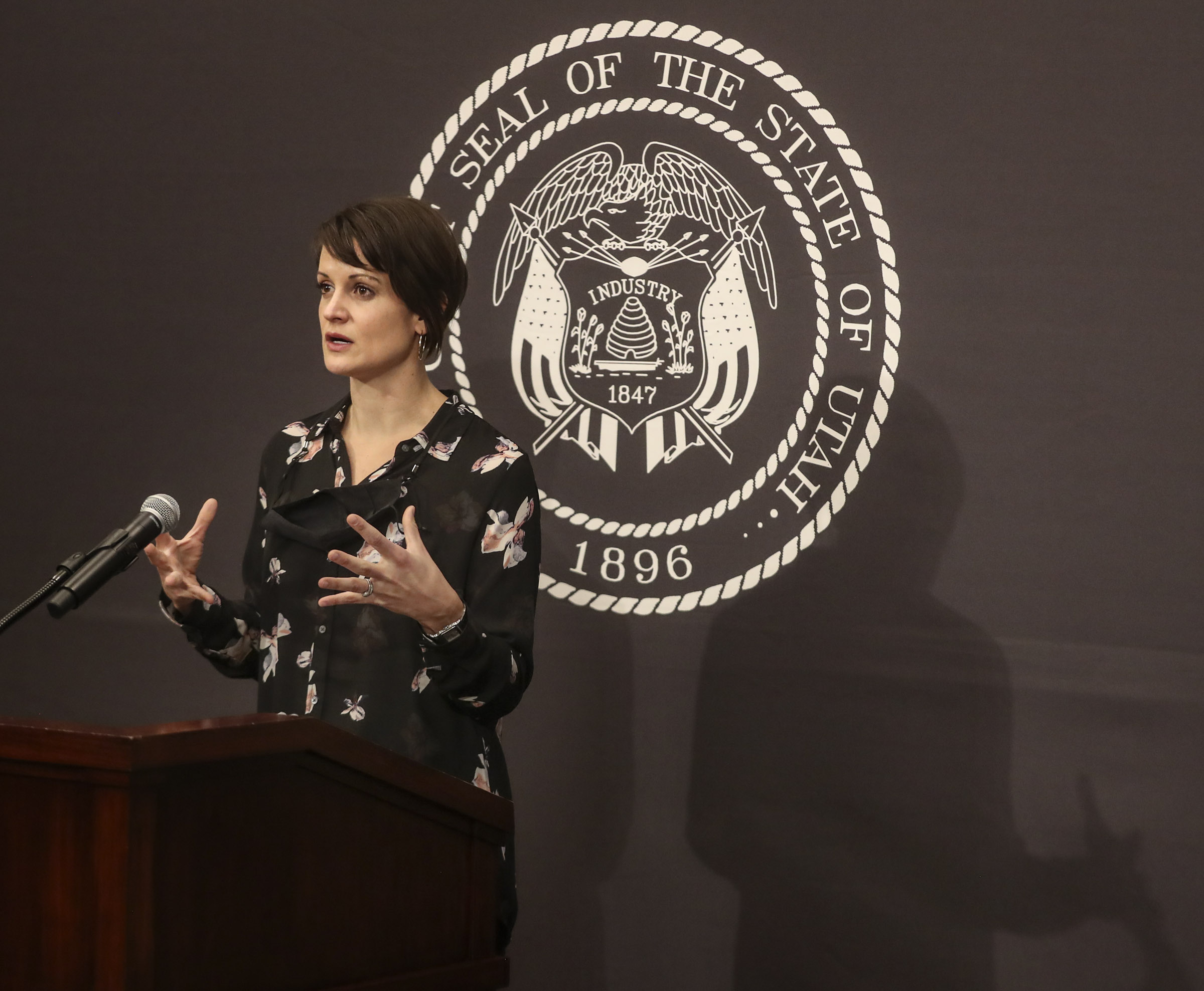 Dr. Angela Dunn, state epidemiologist, talks about Utah's COVID-19 numbers during a briefing at the Capitol in Salt Lake City on Monday, Nov. 23, 2020.