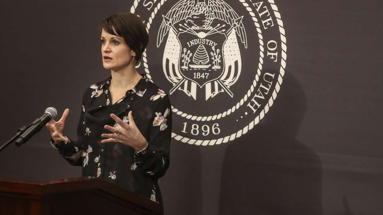 Dr. Angela Dunn, state epidemiologist, talks about Utah's COVID-19 numbers during a briefing at the Capitol in Salt Lake City on Monday, Nov. 23, 2020.