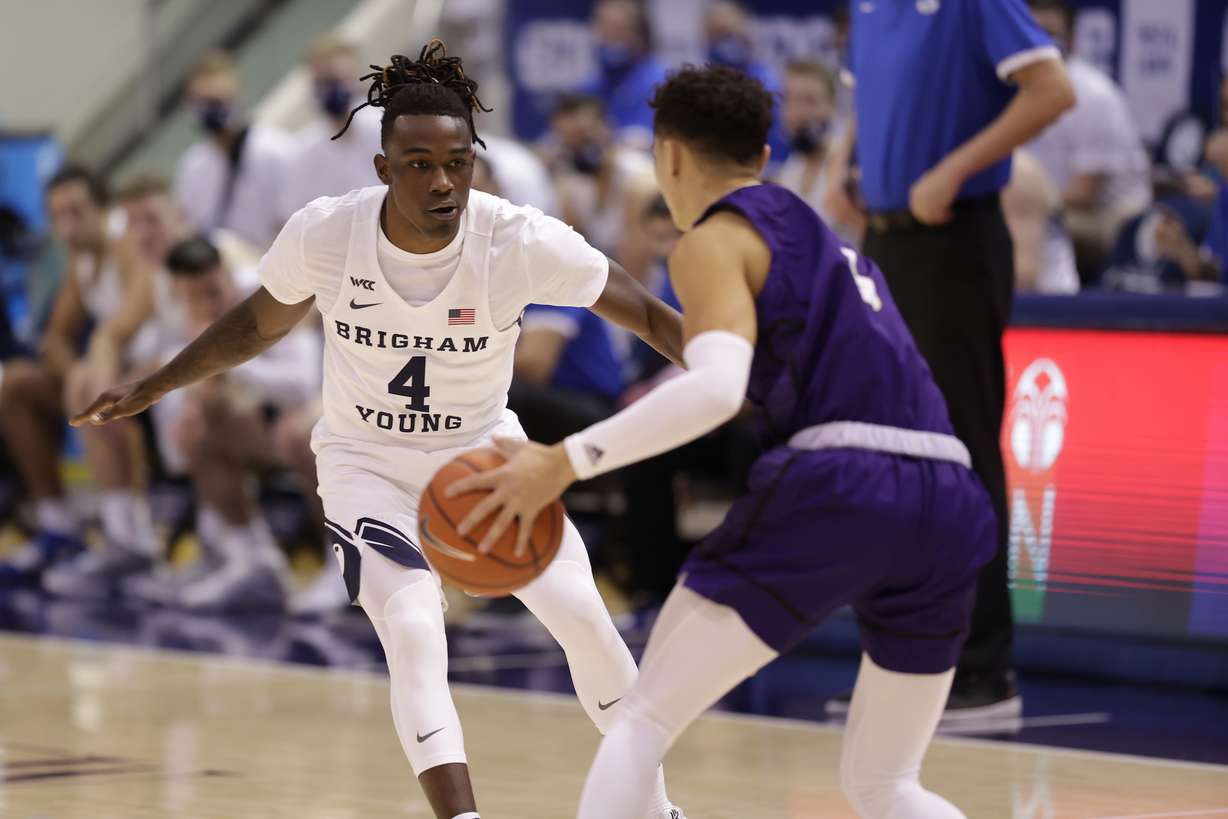BYU guard Brandon Averette defends against Westminster, Wednesday, Nov. 26, 2020 in a college basketball season opener at the Marriott Center in Provo.