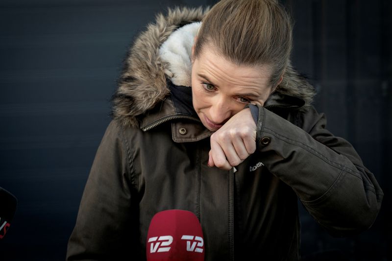 Denmark's Prime Minister Mette Frederiksen reacts after a visit to an empty Mink Farm near Kolding, Denmark, November 26, 2020. Mads Nissen/Ritzau Scanpix/via REUTERS