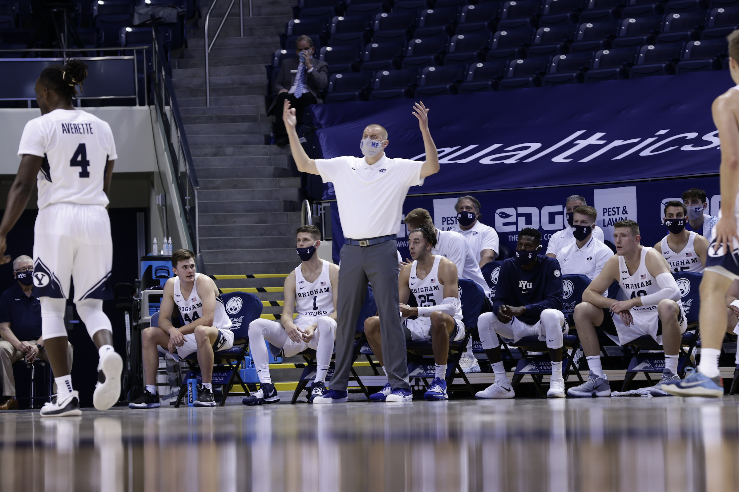 BYU coach Mark Pope shouts from the bench during the Cougars' men's basketball game against New Orleans, Thursday, Nov. 26, 2020 in Provo.