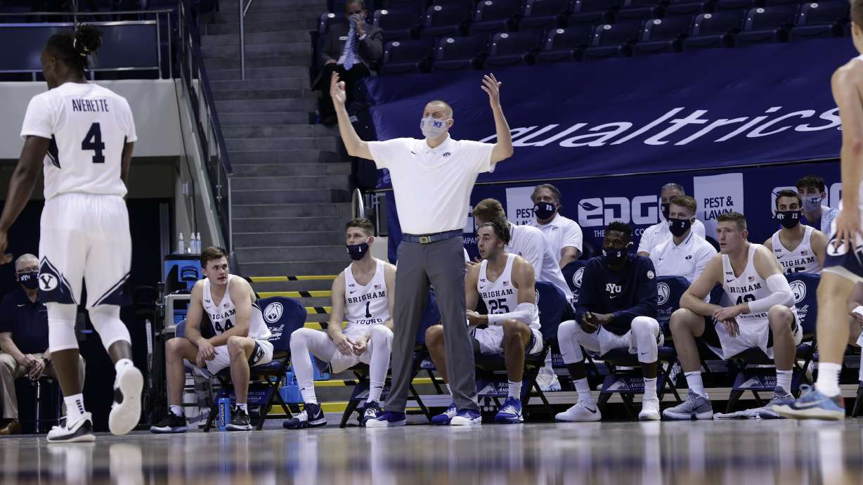 BYU coach Mark Pope shouts from the bench during the Cougars' men's basketball game against New Orleans, Thursday, Nov. 26, 2020 in Provo.