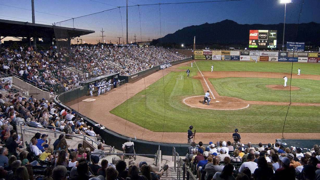 20170606
This undated photo courtesy of the Ogden Raptors shows the Raptors at Lindquist Field with the Wasatch Mountain Range in the background in Ogden, Utah. The league started in 1939. The current eight teams in the Minor Leagues are broken into two divisions. The four Montana teams, the Missoula Osprey, Helena Brewers, Great Falls Voyagers and Billings Mustangs, make up the North Division. The South Division stretches from Idaho, with the Idaho Falls Chukars, to Wyoming, with the Casper Ghosts, and down to Utah, with the Orem Owlz and Ogden Raptors.