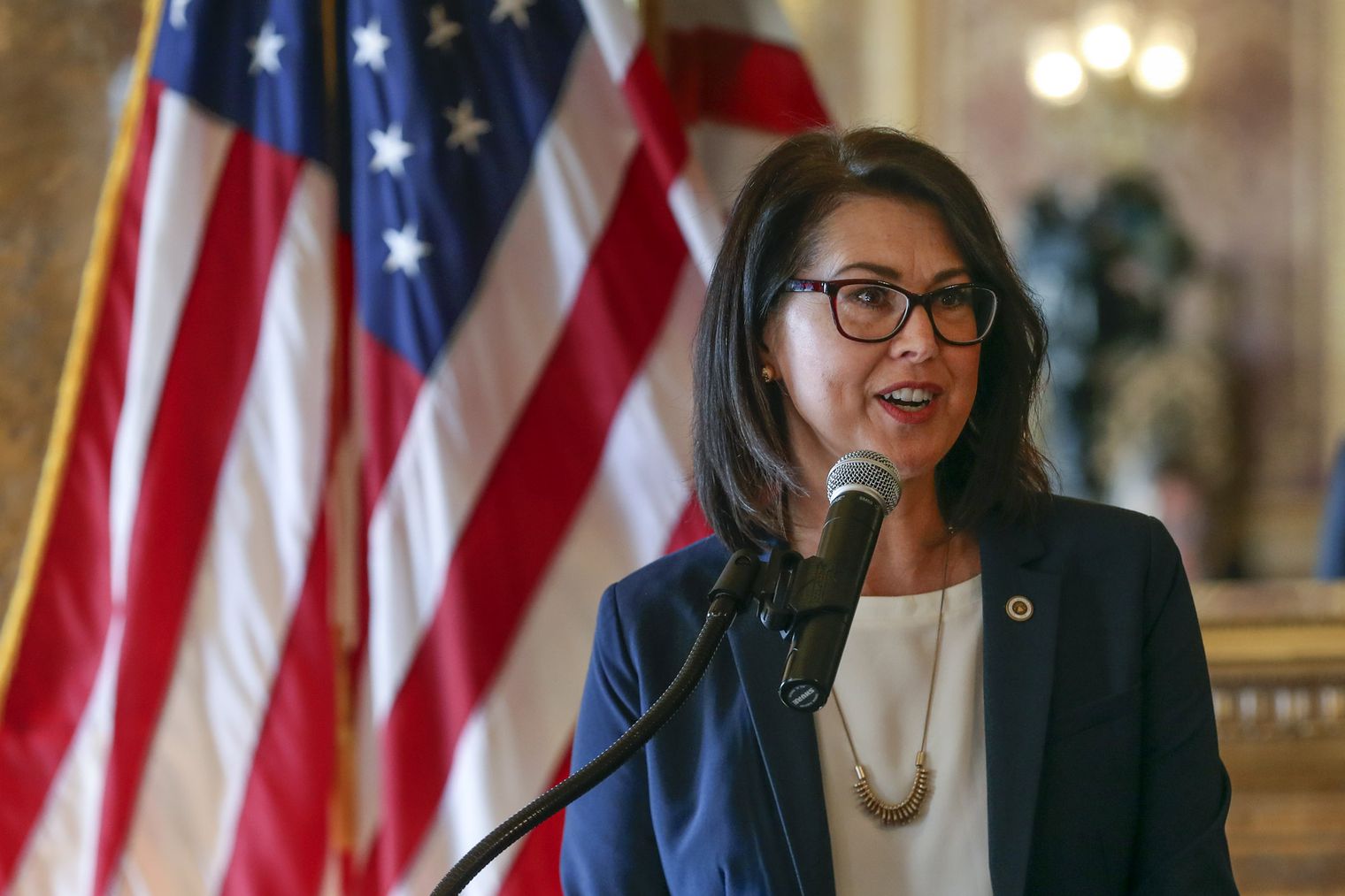 Lt. Gov.-elect Deidre Henderson discusses her and Gov.-elect Spencer Cox’s upcoming leadership transition during a press conference in the Gold Room at the Capitol in Salt Lake City on Nov. 5, 2020. Henderson has suffered lingering effects from COVID-19.