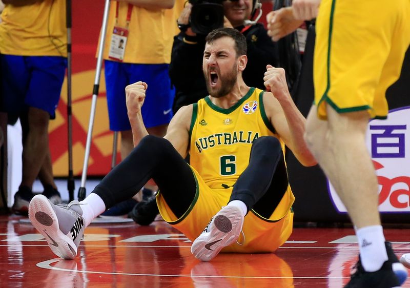 FILE PHOTO: Basketball - FIBA World Cup - Quarter Finals - Australia v Czech Republic - Shanghai Oriental Sports Center, Shanghai, China - September 11, 2019  Australia's Andrew Bogut reacts REUTERS/Aly Song