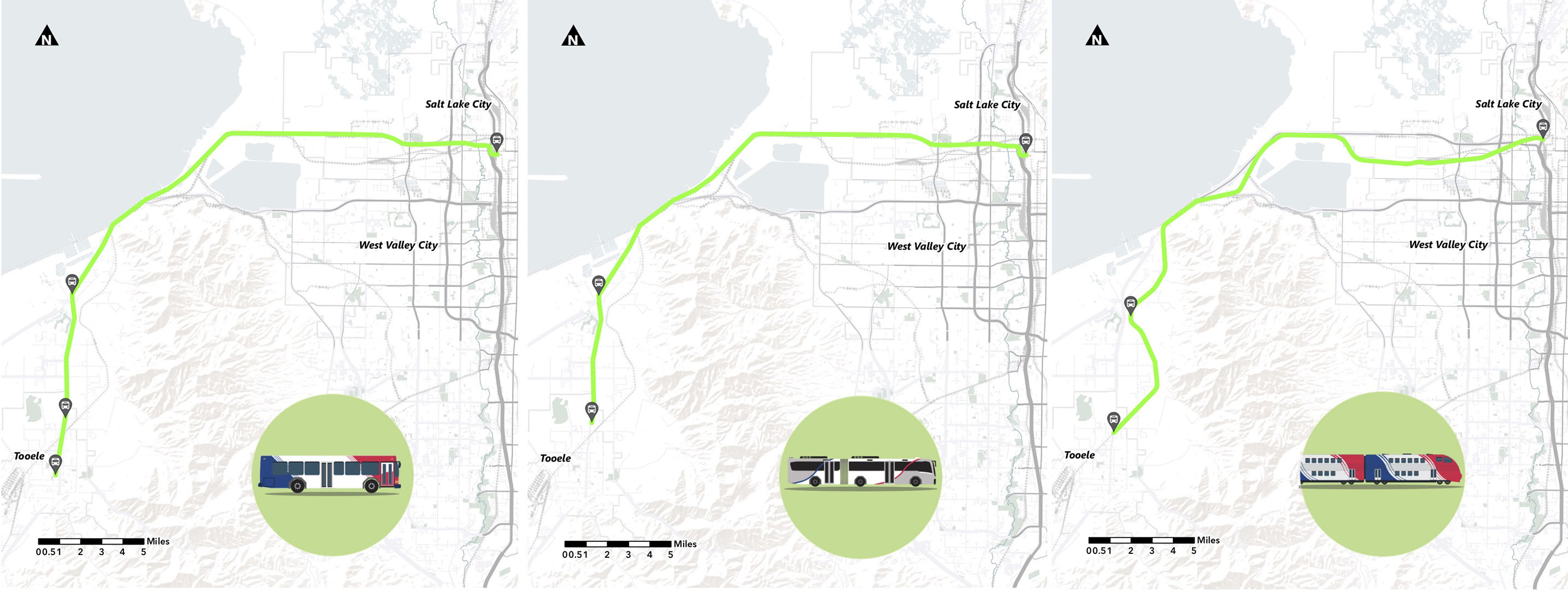 These maps show the projected routes of a bus (left), rapid-transit bus (middle) or a heavy rail train (right) between Salt Lake City and Tooele that UTA officials are seeking feedback on.