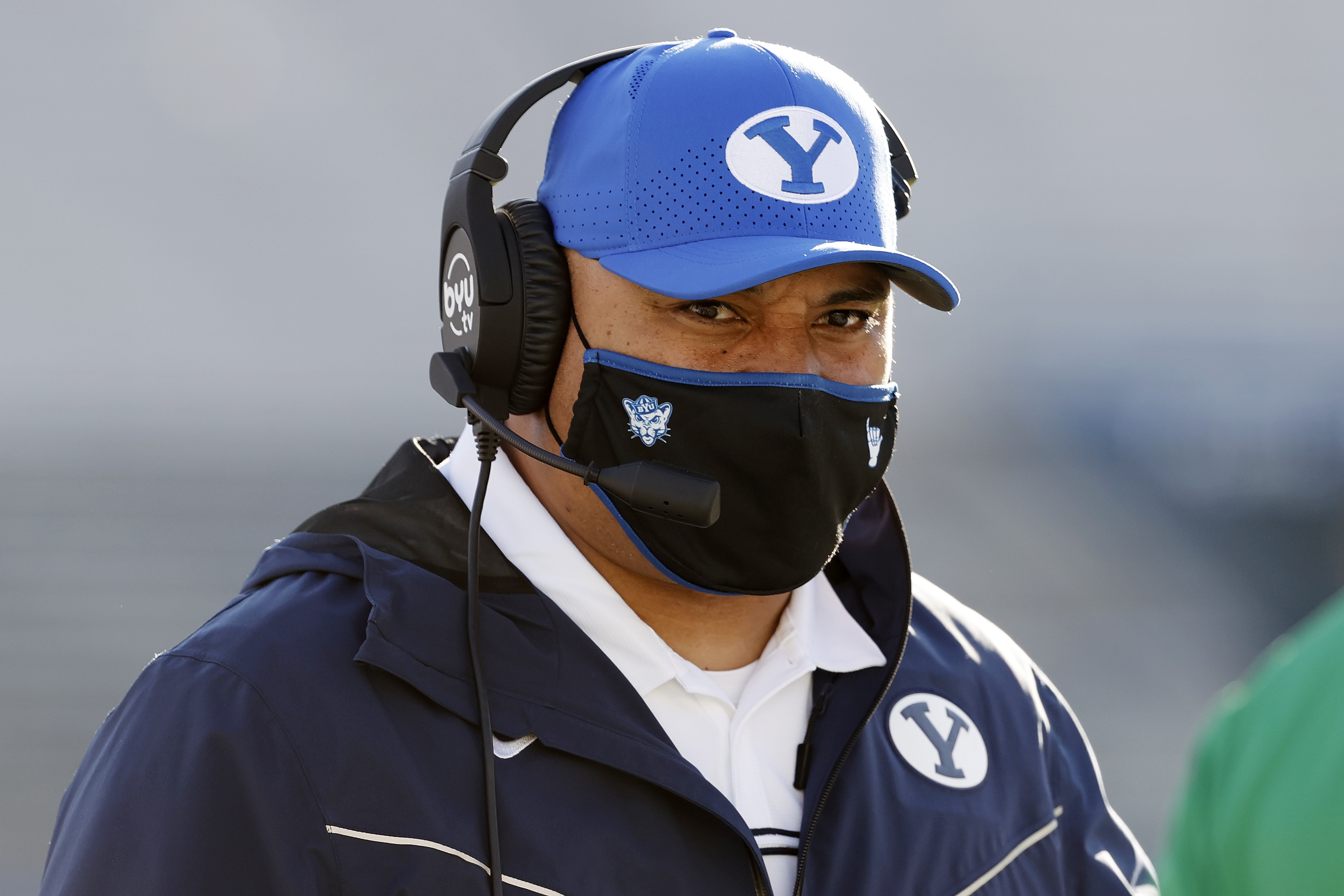 BYU head coach Kalani Sitake works the sidelines during the third quarter against North Alabama in an NCAA college football game Saturday, Nov. 21, 2020, in Provo, Utah. (AP Photo/Jeff Swinger, Pool) [Dec-03-2020]