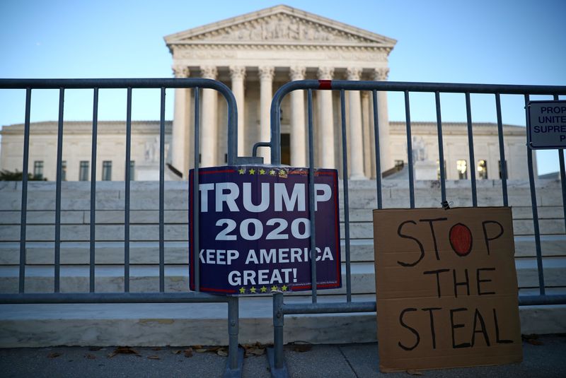 FILE PHOTO: Signs by supporters of U.S. President Donald Trump hang outside the U.S. Supreme Court building in Washington, U.S. November 10, 2020. REUTERS/Hannah McKay/File Photo