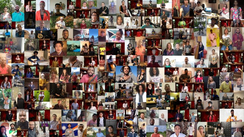 An undated handout shows the images of the 197 musicians from each country of the world who form the Earth Orchestra. Courtesy of Mighty Village Limited/Handout via REUTERS
