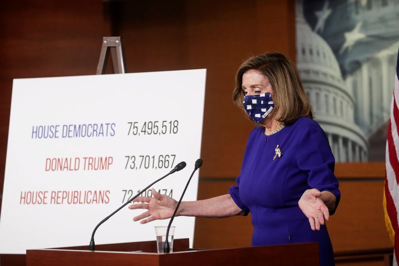 FILE PHOTO: U.S. Speaker of the House of Representatives Nancy Pelosi stands next to a sign showing a tally of 2020 U.S. election votes as she speaks during her weekly news conference at the U.S. Capitol in Washington, U.S., November 20, 2020. REUTERS/Jonathan Ernst/File Photo