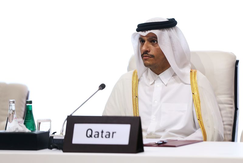FILE PHOTO: Qatari Deputy Prime Minister and Minister of Foreign Affairs Sheikh Mohammed bin Abdulrahman al-Thani is seen during talks between the Afghan government and Taliban insurgents in Doha, Qatar, September 12, 2020. REUTERS/Ibraheem al Omari/File Photo